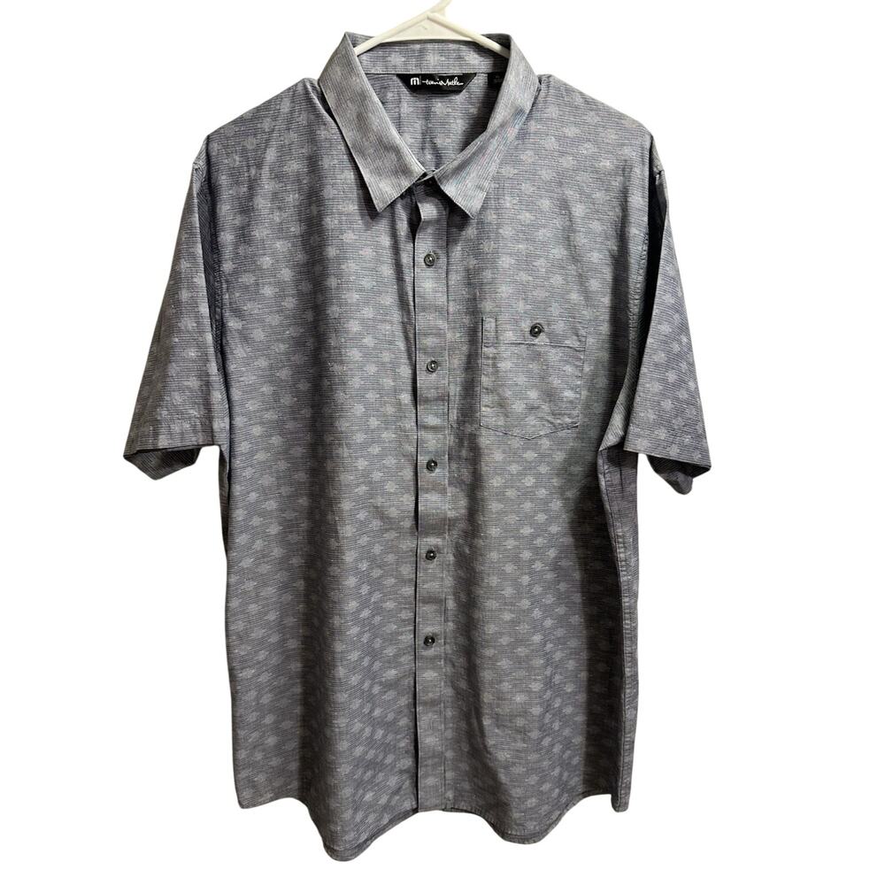 TravisMathew Men’s XL Gray Patterned Button Front Short Sleeve Golf Performance